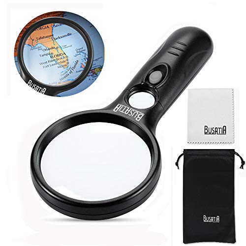 Product Cover Magnifying Glass with Light, BUSATIA LED Illuminated Magnifier with 3X 45X High Magnification, Lightweight Handheld Magnifying Glass for Reading, Inspection, Jewellery, Hobbies & Crafts