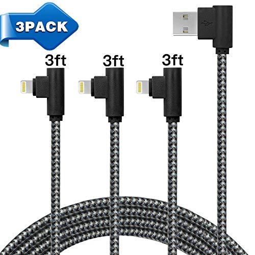 Product Cover Right Angle iPhone Charger, 3Pack (3/3/3FT) Premium Nylon Braided Charger Cord Compatible with iPhone Xs MAX XR X 8 8 Plus 7 7 Plus 6s 6s Plus 6 6 Plus and More(Black&Grey)