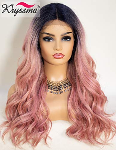 Product Cover K'ryssma Pink Lace Front Wig Ombre with Roots T Part Medium Length Wavy Synthetic Wigs for Women Heat Resistant 2 Tone Ombre Pink Wig
