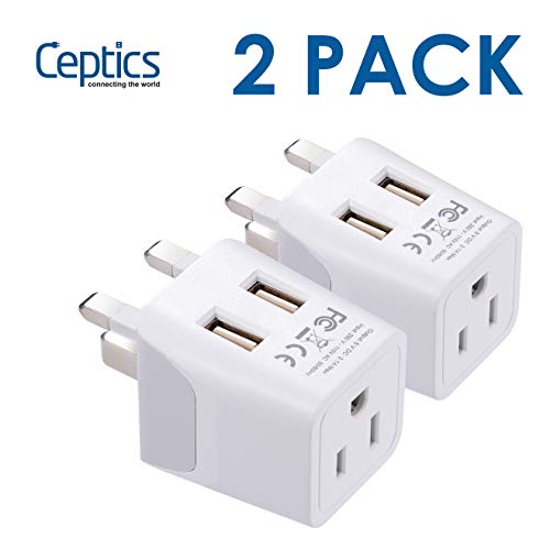 Product Cover UK, Hong Kong, CTU-7-2PK Ireland Travel Adapter Plug by Ceptics with Dual USB - Type G - London - USA Input - Light Weight - Perfect for Cell Phones, Chargers, Cameras and More - 2 Pack