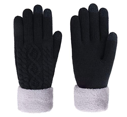 Product Cover ThunderCloud Women's Cable Knit 3 Finger Touchscreen Winter Mitten Gloves,Black1