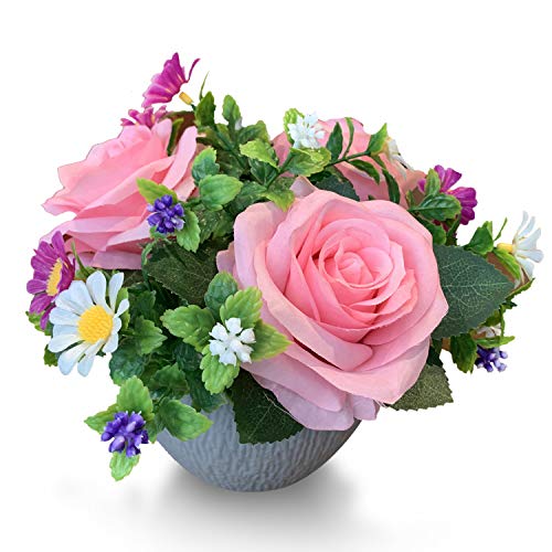 Product Cover MIXROSE Small Fake Plants Artificial Silk Rose Flower Bushel Bouquet in Textured Imitation Wood Pot for Home, Office, Kitchen, Bathroom, Countertop Décor (Blush Pink)
