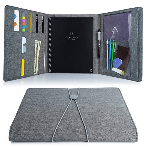 Product Cover Folio Cover for Rocketbook Everlast Fusion - Letter Size, Waterproof Fabric, Multi Organizer with Pen Loop, Zipper Pocket, Business Card Holder, fits A4 size Notebook, 11 x 9 inch, Gray