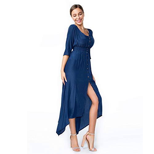 Product Cover Sirhao Button up Maxi Dress Long Dress Solid Color Short Sleeve Dress Closing Split Navy with Gift Earrings