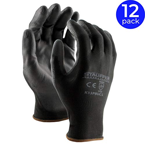 Product Cover Stauffer Ultra-Thin Black Polyurethane (PU) Coated Safety Work Gloves | 13 Gauge Polyester Liner, Light and Flexible Grip - Large (12 Pairs)