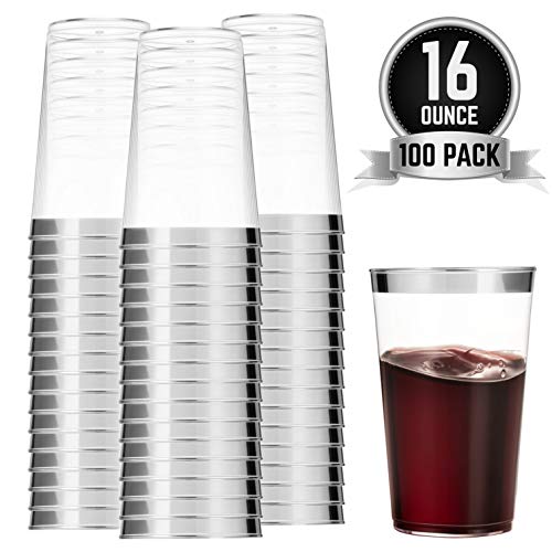 Product Cover 100 Silver Plastic Cups 16 Oz Clear Plastic Cups Tumblers Silver Rimmed Cups Fancy Disposable Wedding Cups Elegant Party Cups with Silver Rim