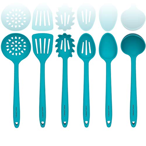Product Cover Aqua Sky Silicone Cooking Utensils Set - Sturdy Steel Inner Core - Spatula, Mixing & Slotted Spoon, Ladle, Pasta Server, Drainer - Heat Resistant Kitchen Tools - Bonus Recipe Ebook