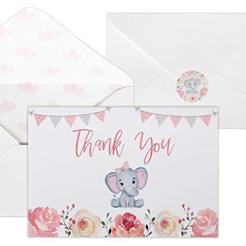 Product Cover Baby Shower Thank You Cards for Girls. 50 Pack Pink Watercolor Elephant Baby Girl Cards. Cute Thank You Notes with Envelopes & Stickers.