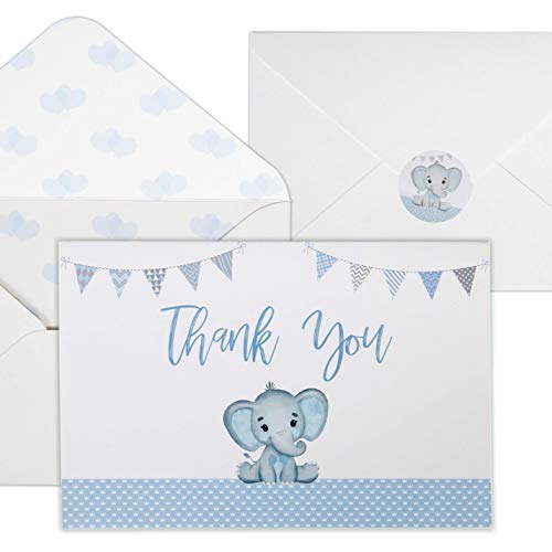 Product Cover Baby Shower Thank You Cards for Boys. 50 Pack Blue Watercolor Elephant Boys Baby Shower Cards. Cute Thank You Notes with Envelopes & Stickers