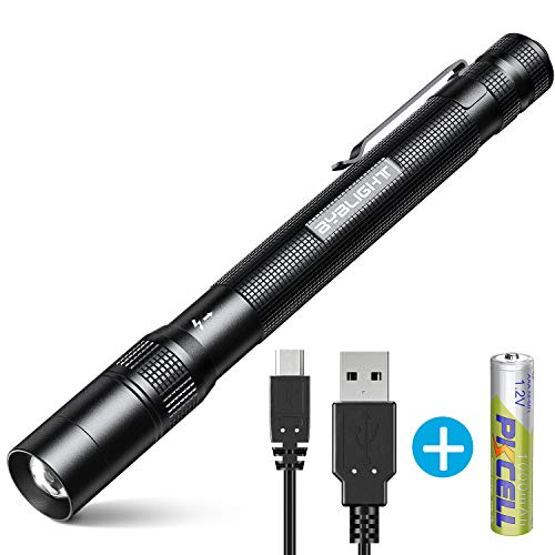 Product Cover Pen Flashlight, BYBLIGHT Rechargeable Pen Light with 150 Lumens CREE LED, Pocket EDC PenLight Flashlight with Adjustable Focus, IPX5 Water-Resistant, 2 Modes Inspection Light (Black)