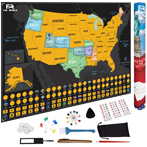 Product Cover Fox Ramble Scratch off Map of the United States - Gold USA Scratch Map Poster and Accessories Reveal Colorful U.S. States, National Parks, Landmarks, Flags and Makes Great Travel Gifts, 17 x 24 in.