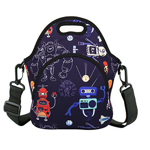 Product Cover Neoprene Lunch Bag Tote Robots Lunchbox with Zipper Pocket & Strap Thermal Insulated Waterproof for Boys Girls School