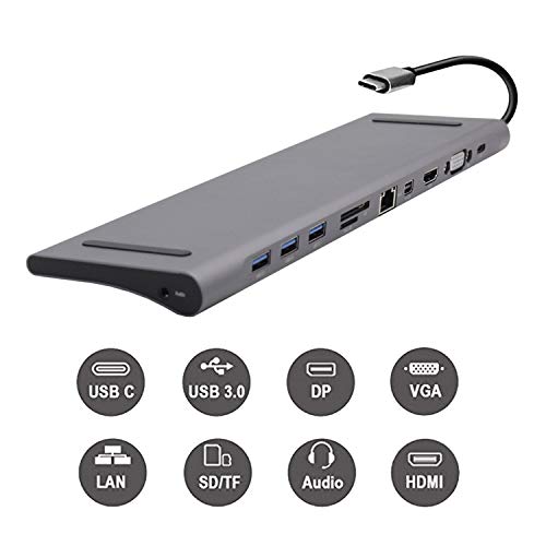 Product Cover USB C Hub,Docking Station Aluminum Multi-Function 11 in 1 Hub MacBook Pro, Mini Display Port,Gigabit Ethernet,3.0 USB Ports,SD Card, Headphone/Speaker Connections,HDMI/VGA/SD/TF/RJ45/USB-C Converter