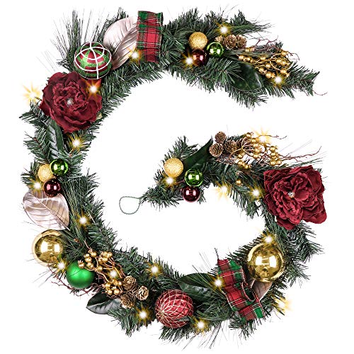 Product Cover Valery Madelyn Pre-Lit 6 Feet/72 Inch Country Road Red Green Gold Christmas Garland with Ball Ornaments, Berries, Pine Cones, Tartan Ribbons and Flowers, Battery Operated 20 LED Lights