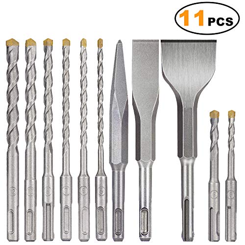 Product Cover SDS plus bits, ZINMOND 11-Piece SDS-plus Rotary Hammer Drill Bits Set & 3-Piece Chisels, Carbide-Tipped Masonry Bit Set for BRICK, CEMENT, STONE