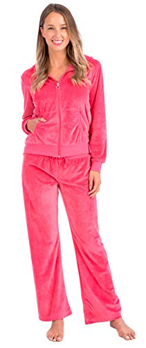 Product Cover Patricia Lingerie Womens Soft Velour Zip Hoodie and Bottoms Lounge Tracksuit (Hot Pink, L)