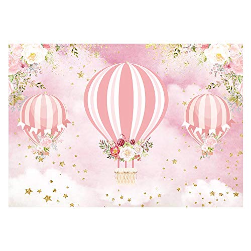 Product Cover Funnytree 7x5ft Pink Floral Hot Air Balloon Party Backdrop Up Up and Away Adventure Girl Baby Shower Birthday Photography Background Glitter Flowers Cake Table Decorations Banner Photo Booth Props