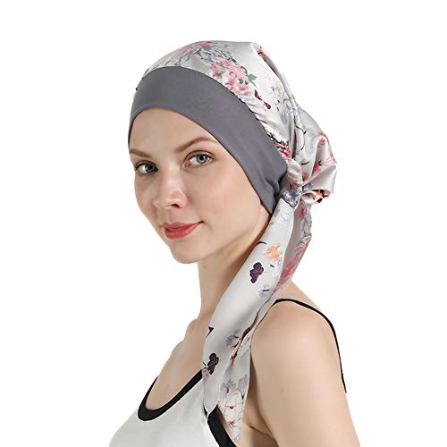 Product Cover Womens Chemo Caps Flower Prints Silky Turban Head Scarves Pre-Tied Headwear Satin Turban Bandana for Cancer Headwraps Grey