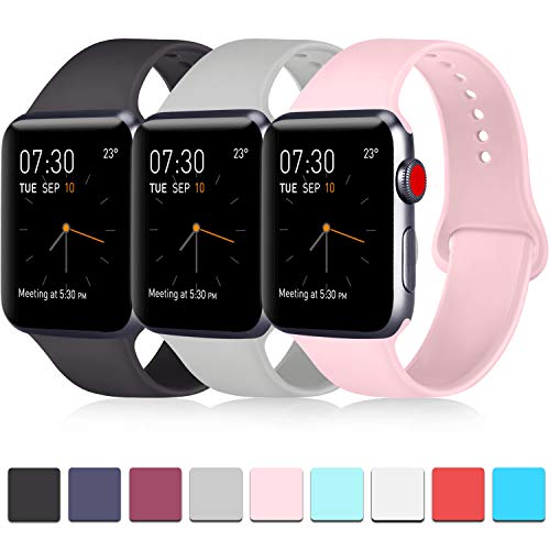 Product Cover Pack 3 Compatible with Apple Watch Band 38mm, Soft Silicone Band Compatible iWatch Series 4, Series 3, Series 2, Series 1 (Black/Gray/Pink, 38mm/40mm-M/L)