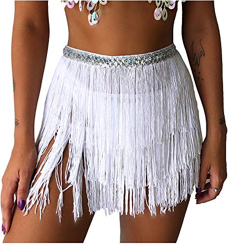 Product Cover Rave Clothes Hip Scarfs Women White Fringe Skirt Sequence Skirt Tassel Space Cowgirl Costume