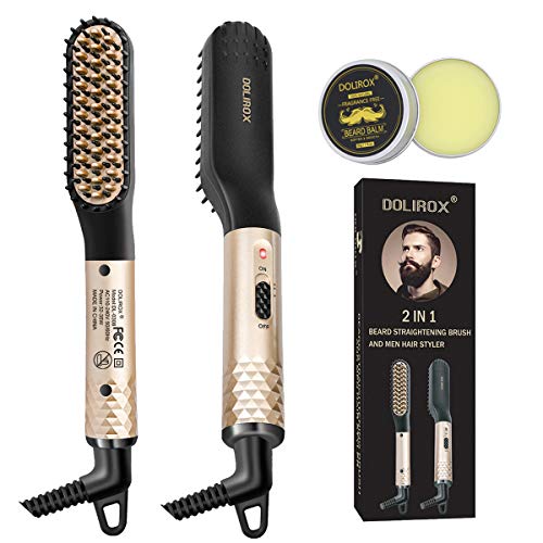 Product Cover Beard Straightener for men, Multifunctional Hair Styler Electric Hot Comb with Beard Balm and Beard Straightening Brush Hair Straightening Comb with Dual Voltage Great for Travel & Men Valentines Gift