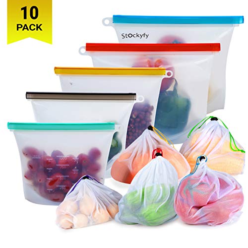 Product Cover Reusable Silicone Food Storage Bags with Mesh Produce Bags (10-pack) Eco Friendly Food Storage Meal Prep | Freezer Containers Airtight Lunch Bags preserving cooking Kitchen Saver