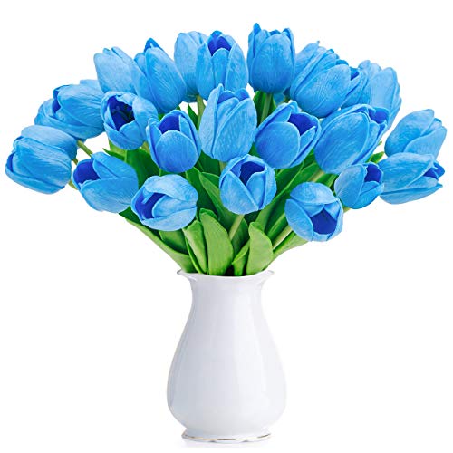 Product Cover BOMAROLAN Artificial Tulip Fake Holland Mini Tulip Real Touch Flowers 24 Pcs for Wedding Decor DIY Home Party (Blue)