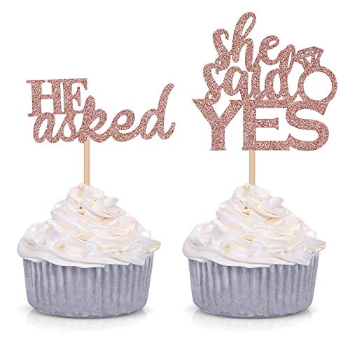 Product Cover 24 Counts Glitter He Asked She Said Yes Cupcake Toppers Engagement Party Decorations - Rose gold