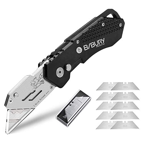 Product Cover Utility Knife, BIBURY Upgraded Version Heavy Duty Box Cutter Pocket Carpet Knife with 10 Replaceable SK5 Stainless Steel Blades, Belt Clip, Easy Release Button, Quick Change and Lock-Back Design