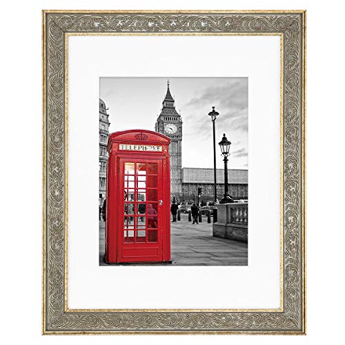Product Cover ONE WALL Tempered Glass 11x14 Inch Ornate Picture Frame with Mat for 8x10 Photo, Gold Wood Frame with Carved Pattern for Wall and Tabletop - Mounting Hardware Included