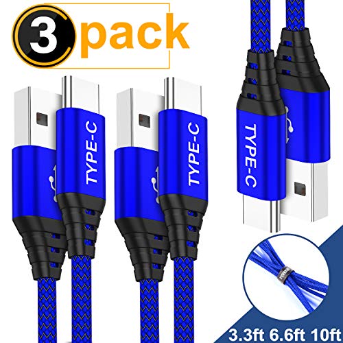 Product Cover USB Type C Cable,AkoaDa 3-Pack (10ft+6.6ft+3.3ft) USB A to USB-C Fast Charger Nylon Braided Cord Compatible with Samsung Galaxy Note 9 8 S8 S9 S10 10 Plus,LG V50 V40 G8 G7 Thinq,Moto Z 3,Switch(Blue)