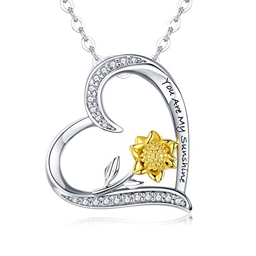 Product Cover JUSTIKIDSTOY Sterling Silver Sunflower Necklace S925 Heart Pendant CZ Pave 18K Gold Dipped Flowers Necklaces Jewelry Gift for Mom Girls Lover Friends Women