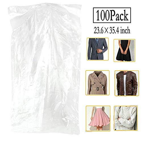 Product Cover 100 Pack Garment Bag Transparent Clothing Dust Cover Dustproof Hanging Clothes Suit Dress Jacket Cover for Dry Cleaner, Home Storage,Travel, Clothes Storage Closet,23.6 x 35.4 inches