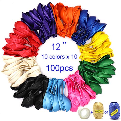 Product Cover Premium 100 Balloons, Latex Party Helium Colored Balloons w/Ribbon and Glue Points, 10 Assorted Colors 12 Inch Rainbow Colorful Balloons Bulk Pack for Birthday Parties Supplies and Arch Decoration