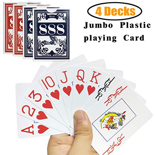 Product Cover Neasyth Plastic Playing Cards Jumbo Index Waterproof Fits Bridge Poker, Go Fish, Poker, Blackjack, Hearts Card Games for Pool Beach Water (2 PCS Blue+2 PCS RED)
