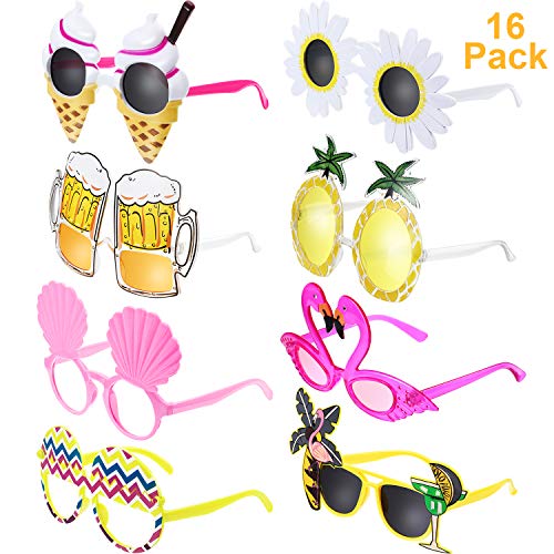 Product Cover Chinco 16 Pairs Novelty Party Sunglasses Creative Funny Glasses Hawaiian Tropical Sunglasses for Luau Tropical Party, Fancy Dress Party, Hawaiian Themed Eyeglasses for Kids & Adults, 8 Styles