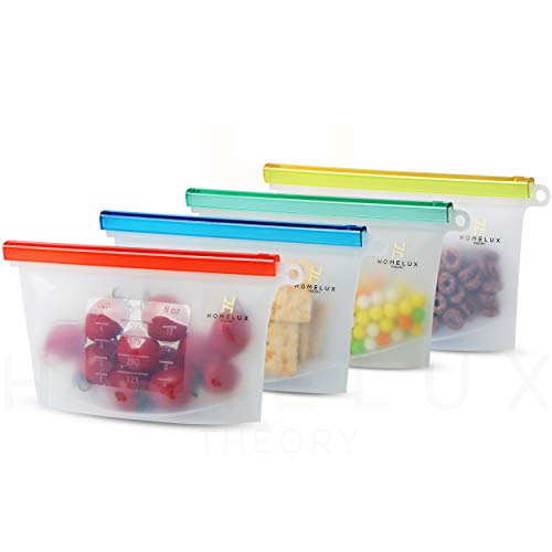 Product Cover Homelux Theory Reusable Silicone Food Storage Bags | Sandwich, Sous Vide, Liquid, Snack, Lunch, Fruit, Freezer Airtight Seal | BEST for preserving and cooking | (4 Small)