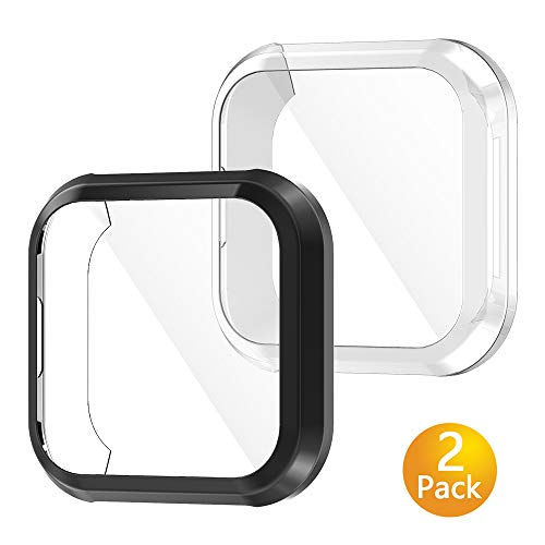 Product Cover Tensea Compatible with Fitbit Versa Lite Screen Protector Case, 2 Packs Soft TPU Bumper Full Around Cover Protector for Fitbit Versa Lite Editon (Black + Clear)