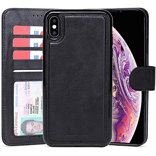 Product Cover WaterFox Case for iPhone XR, Wallet Leather Case with 2 in 1 Detachable Cover, Women's/Men's 4 Card Slots & Wrist Strap Case - Purple (Black)