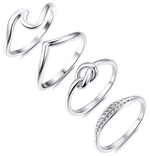Product Cover Adramata 4 Pcs Stainless Steel Engagement Wave Ring for Women Girls Cute Thumb Band Rings Set