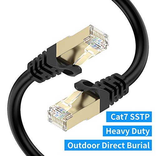 Product Cover Cat7 Ethernet Cable 25ft, BIFALE Cat7 Outdoor Cable Triple Shielding SSTP 10Gbps 600MHz Ethernet Patch Cable for Modem Router LAN RJ45, UV/Water Proof, Direct Burial, PE Jacket