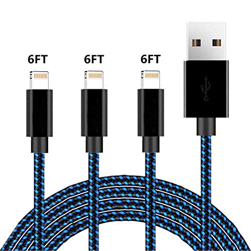 Product Cover iPhone Charger Cable SHARLLEN Lightning Cable Mfi Certified 3Pack 6FT Nylon Braided Fast Long iPhone Charging Cord Compatible iPhone XS/Max/XR/X/8/8Plus/7/7P/6S/iPad/iPod/IOS More (Blue)
