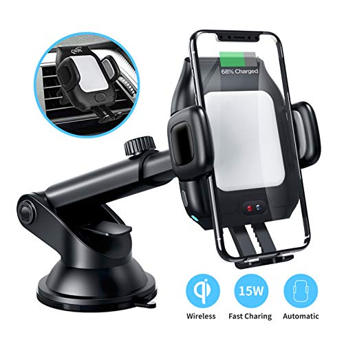 Product Cover Wireless Car Charger Mount,CNSL Patent Auto Clamping QI 15W Fast Charging Metal Motor Phone Holder with Strong Suction,Air Vent Windshield Dashboard Stand,Compatible with iPhone 11/XR/XS,Samsung S9/S8