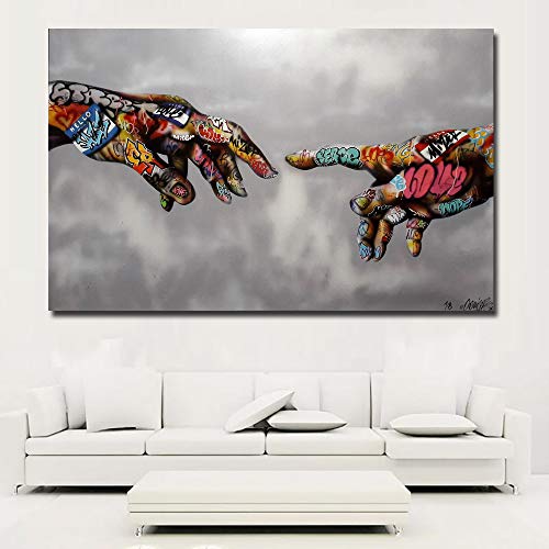 Product Cover Faicai Art Classic Street Art Banksy Graffiti Paintings Canvas Wall Art Adam Hand of God Pop Art Prints Posters Abstract Colorful Modern Wall Decor Pictures Home Office Decor Framed 32