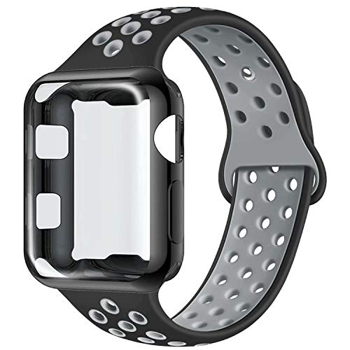 Product Cover ADWLOF Compatible with Apple Watch Band with Case 42mm, Silicone Replacement Strap with Screen Protector Cover for Wristband for iWatch Series 3/2/1, Nike+, Sport, Edition,S/M,M/L,Black CoolGray