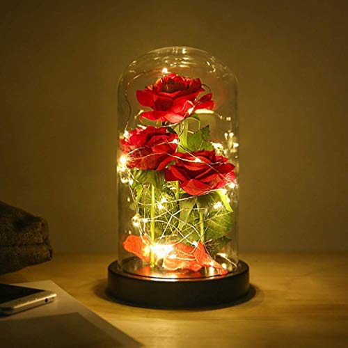 Product Cover Enchanted Red Silk Rose, Beauty and The Beast Rose, 40 LED Lights in Glass Dome on Wood Base, a Fallen leaves, Multi Use for Home Decoration Christmas Birthday Gift, Overall Size D 5.5