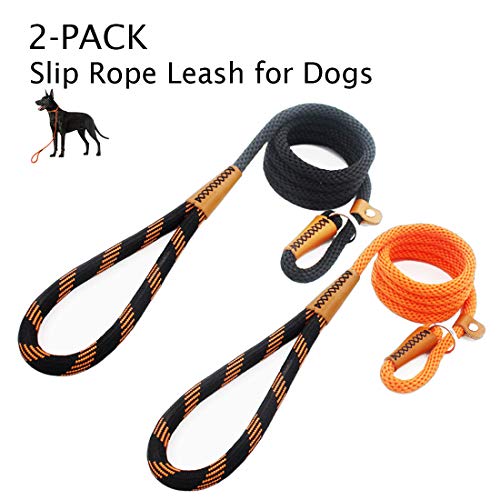 Product Cover lynxking Dog Leash Rope Leads 2 Packs 6ft Strong Snap Hook Slip Leashes Hand Made Leather Clips with Double Layer Braided Handle for Small Medium Large Dogs (Orange and Black, 2 Pack Slip Leash)