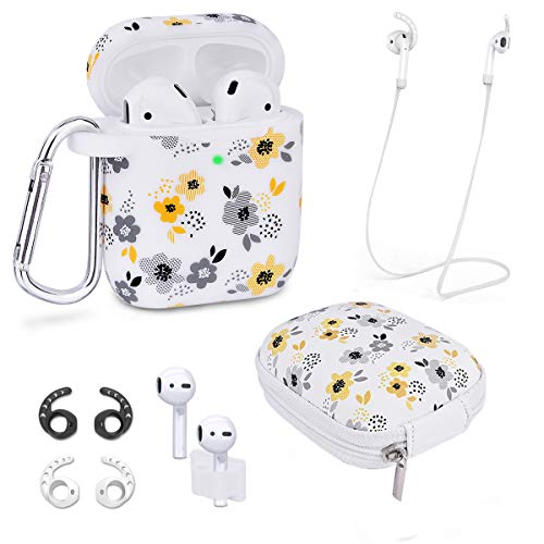 Product Cover Airpods Case - Airspo 7 in 1 Airpods Accessories Set Compatible with Airpods 1 & 2 Protective Silicone Cover Floral Print Cute Case (Yellow Flower 7 in 1)