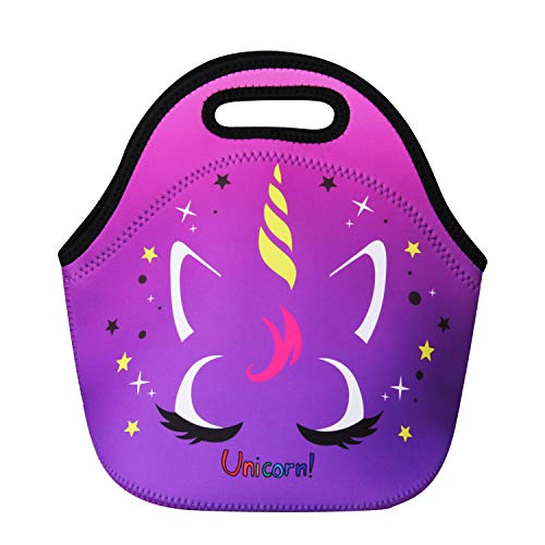 Product Cover Cute Unicorn Lunch Bag for Kids, Waterproof Insulated Neoprene Lunch Tote with Zipper for School Work Outdoor (Purple002)