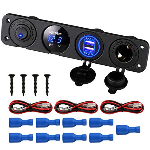 Product Cover Linkstyle 4 in 1 Marine Switch Panel, 12V 4.2A Dual USB Charger Socket Power Outlet & LED Voltmeter & Cigarette Lighter Socket & LED Lighted ON Off Rocker Toggle Switch for Truck Car Marine Boat RV
